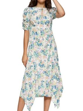 Topshop White Multicolor Floral Print Asymmetric Hem Cut Out Back Midi Dress 6